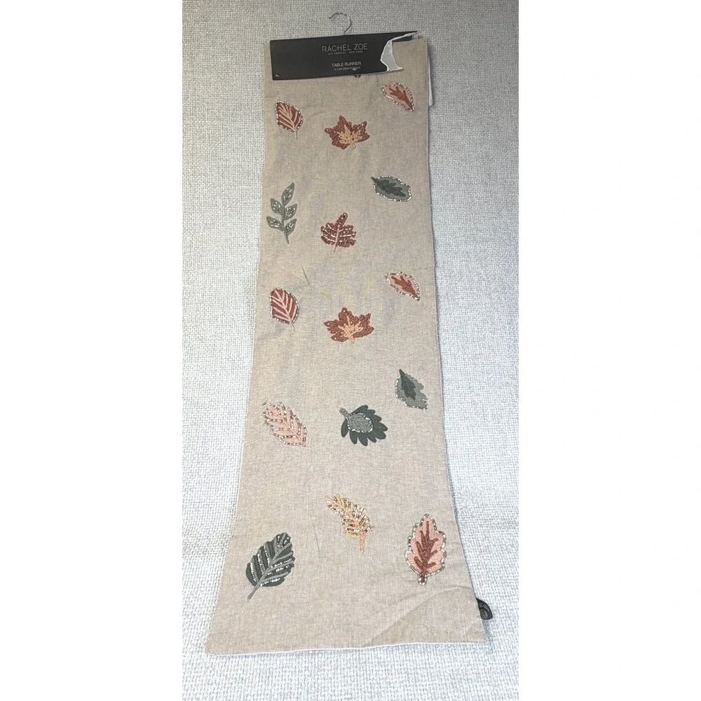 Rachel Zoe Embroidered Beaded Autumn Leaves Table Runner 14x54 Fall Thanksgiving